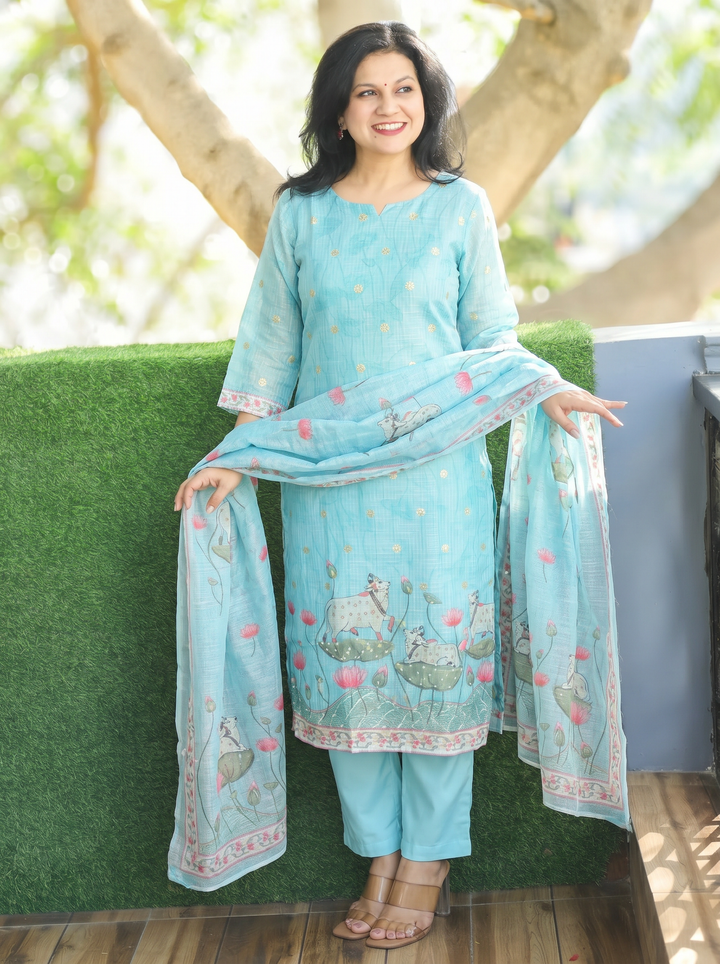 Jhanvi Sky Blue Cow Pichwai Print Kota Doriya Set
