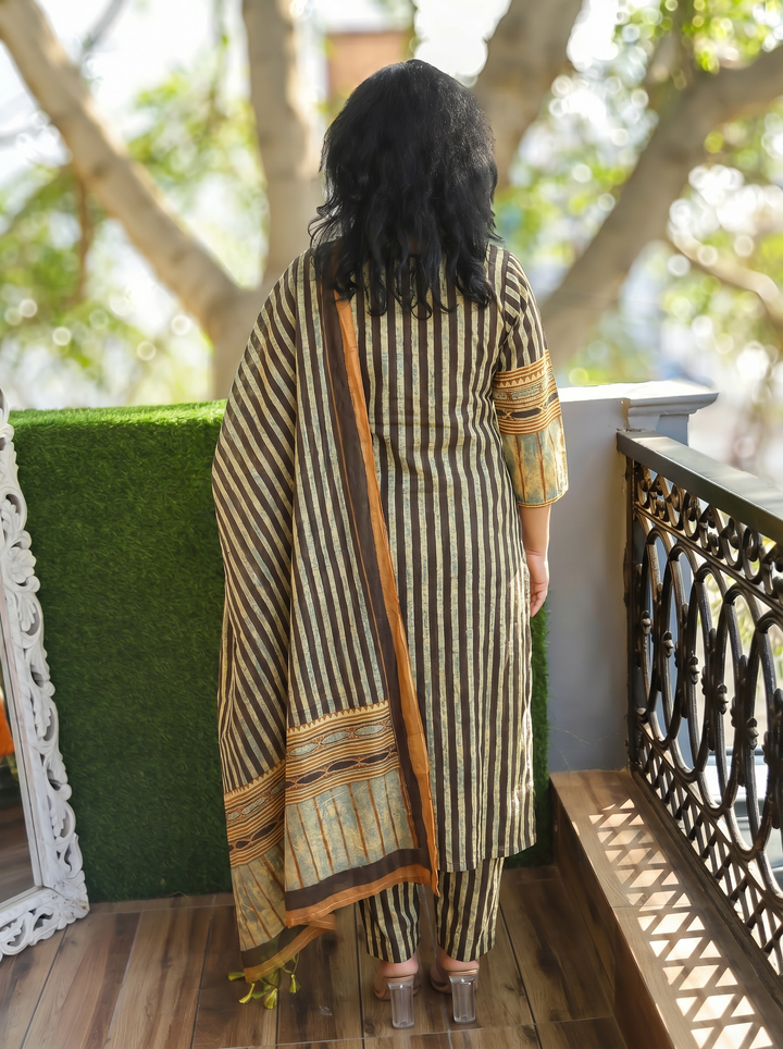 Paro Choco Brown Ajrak Print Cotton 3 Piece Set