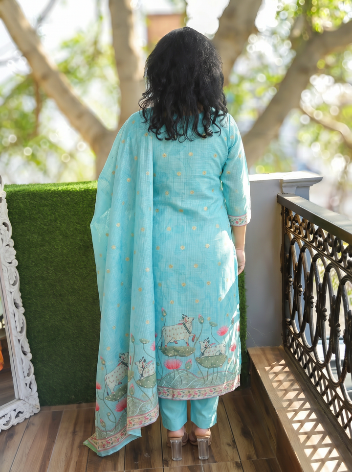 Jhanvi Sky Blue Cow Pichwai Print Kota Doriya Set