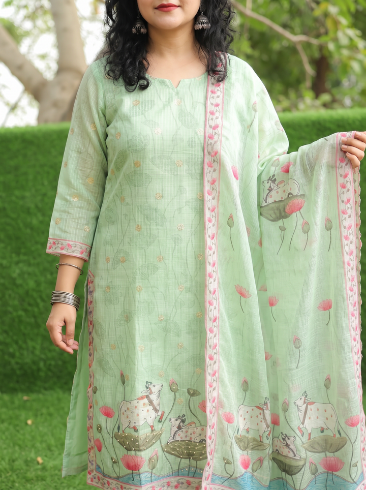 Jhanvi Pista Green Cow Pichwai Print Kota Doriya Set