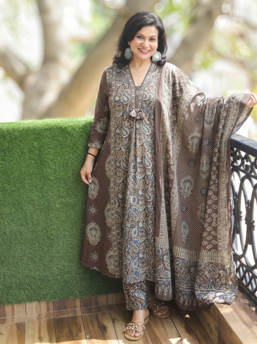 Trinidhi Hazel Tan Kalamkari Cotton 3 Piece Set