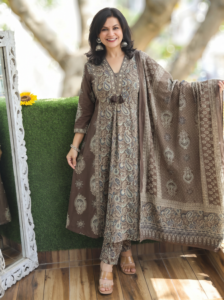 Trinidhi Hazel Tan Kalamkari Cotton 3 Piece Set