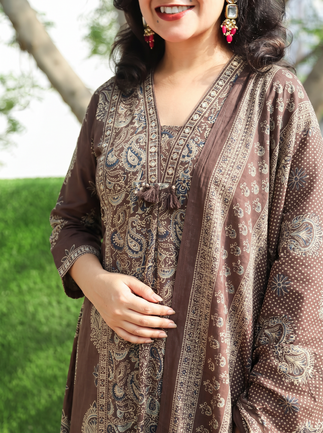 Trinidhi Hazel Tan Kalamkari Cotton 3 Piece Set