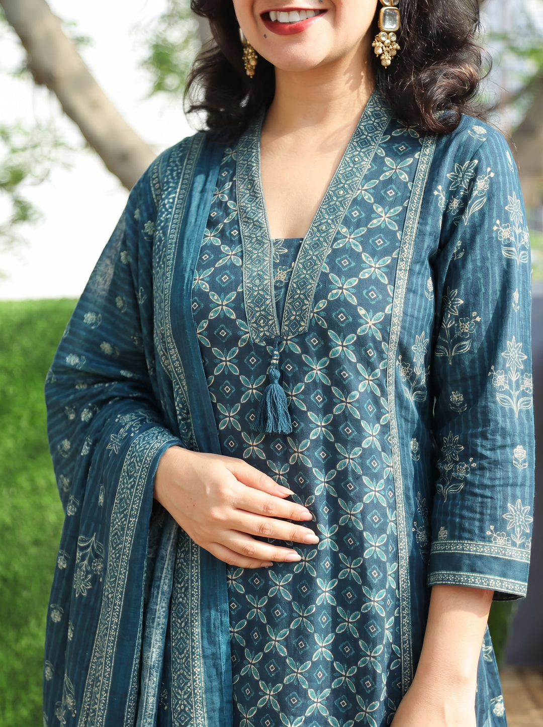 Trinidhi Navy Blue Floral Printed Cotton 3 Piece Set