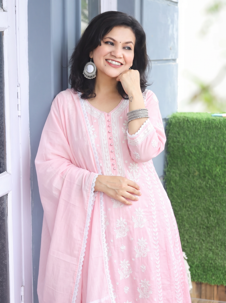 Shreevali Powder Pink Chikankari Mul Cotton Set