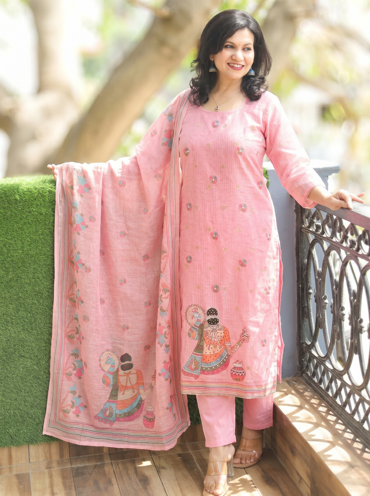 Sanaya Lotus Pink Moti Work Hem Kota Doriya Set