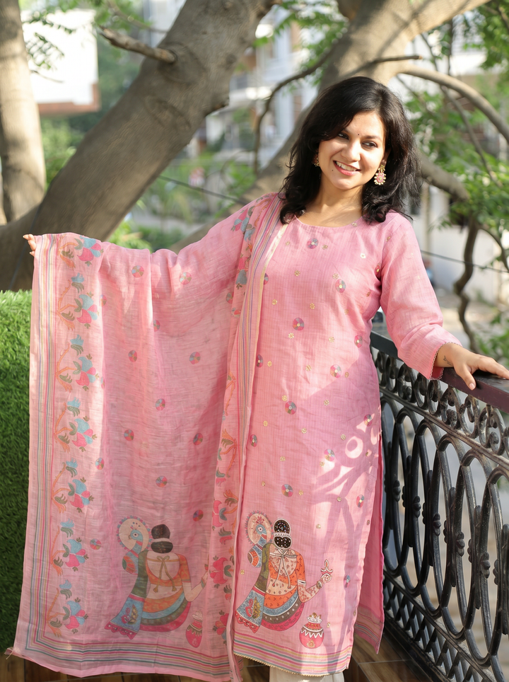 Sanaya Lotus Pink Moti Work Hem Kota Doriya Set