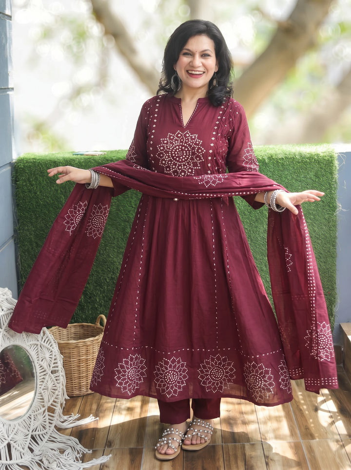 Tanushi Burgundy Maroon Bandani Cotton 3 Piece Set