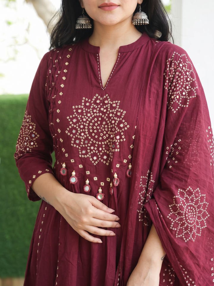 Tanushi Burgundy Maroon Bandani Cotton 3 Piece Set