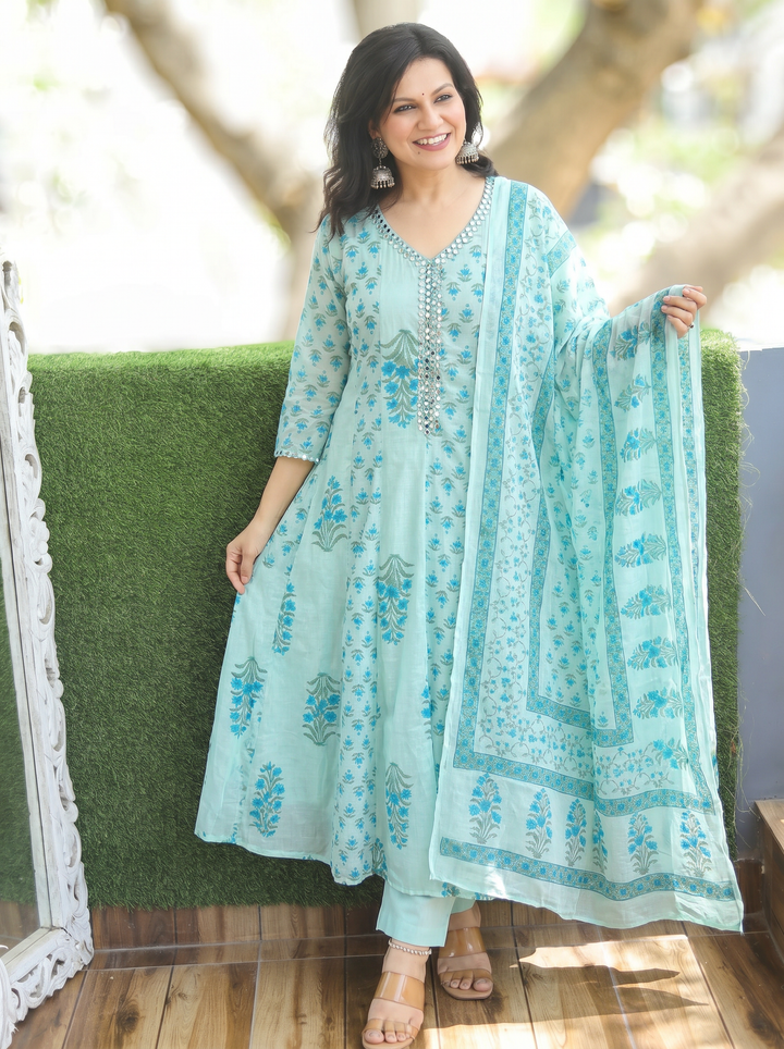 Bella Atlantic Blue Patra Mul Cotton 3 Piece Set