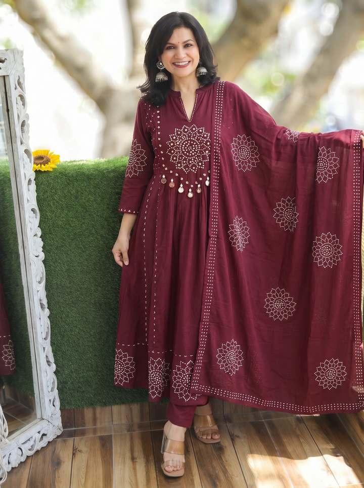 Tanushi Burgundy Maroon Bandani Cotton 3 Piece Set