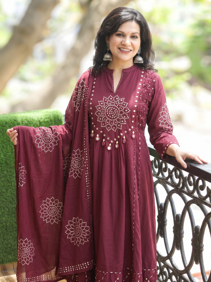 Tanushi Burgundy Maroon Bandani Cotton 3 Piece Set