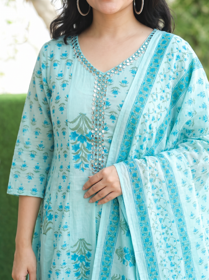 Bella Atlantic Blue Patra Mul Cotton 3 Piece Set