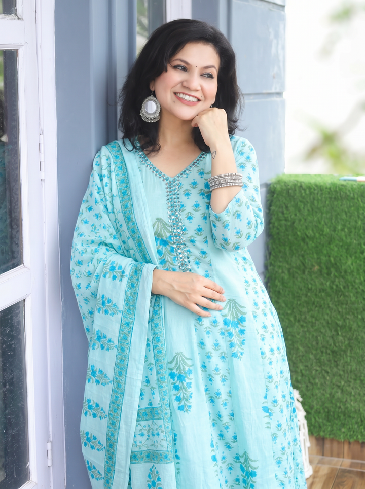 Bella Atlantic Blue Patra Mul Cotton 3 Piece Set