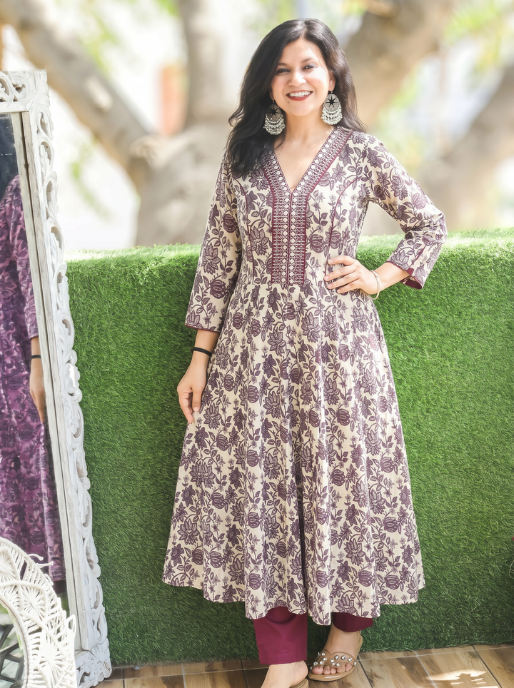 Palki White Wine Kalamkari Anarkali Cotton Kurti