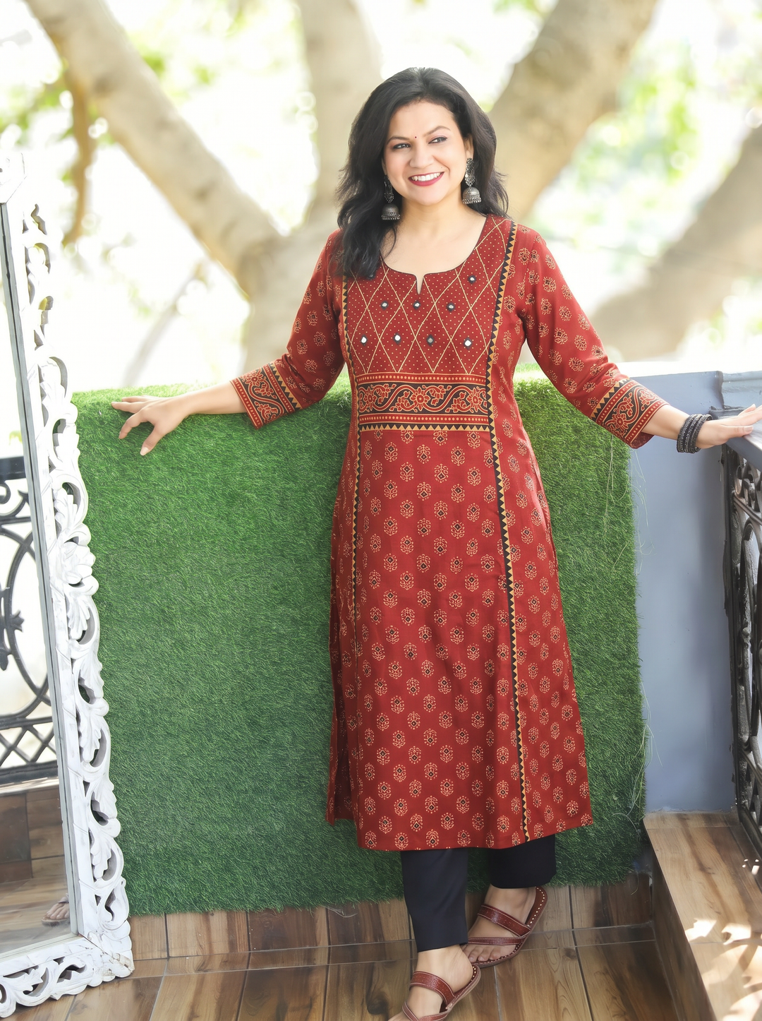 Sofia Maroon Red Panel Ajrak Printed Cotton Kurti