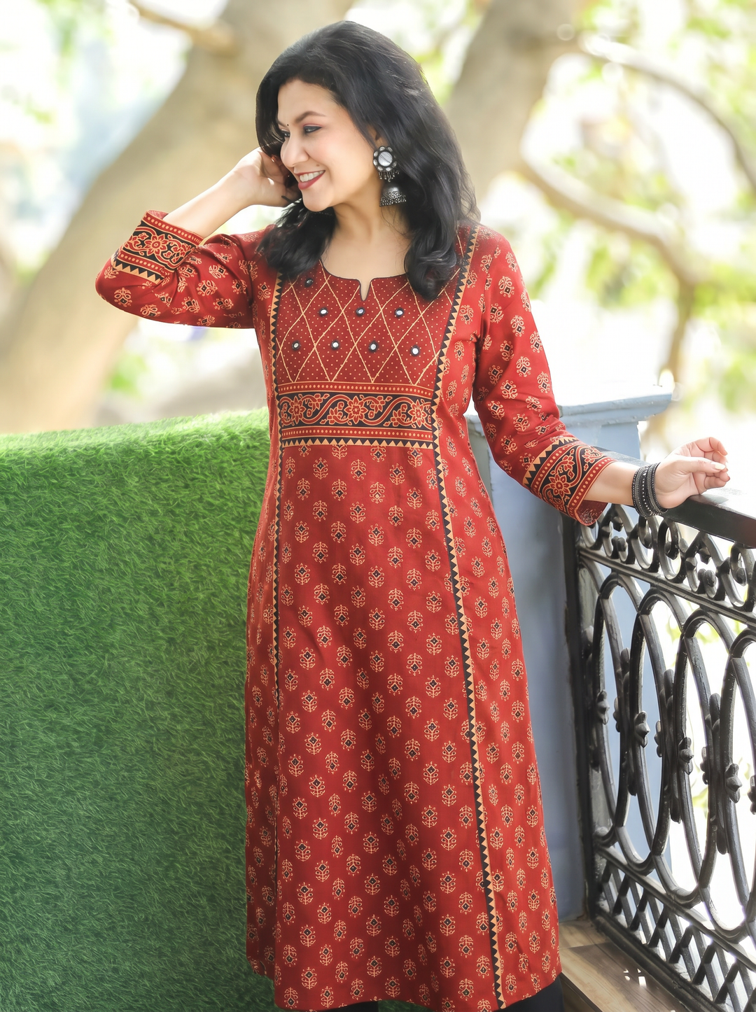 Sofia Maroon Red Panel Ajrak Printed Cotton Kurti