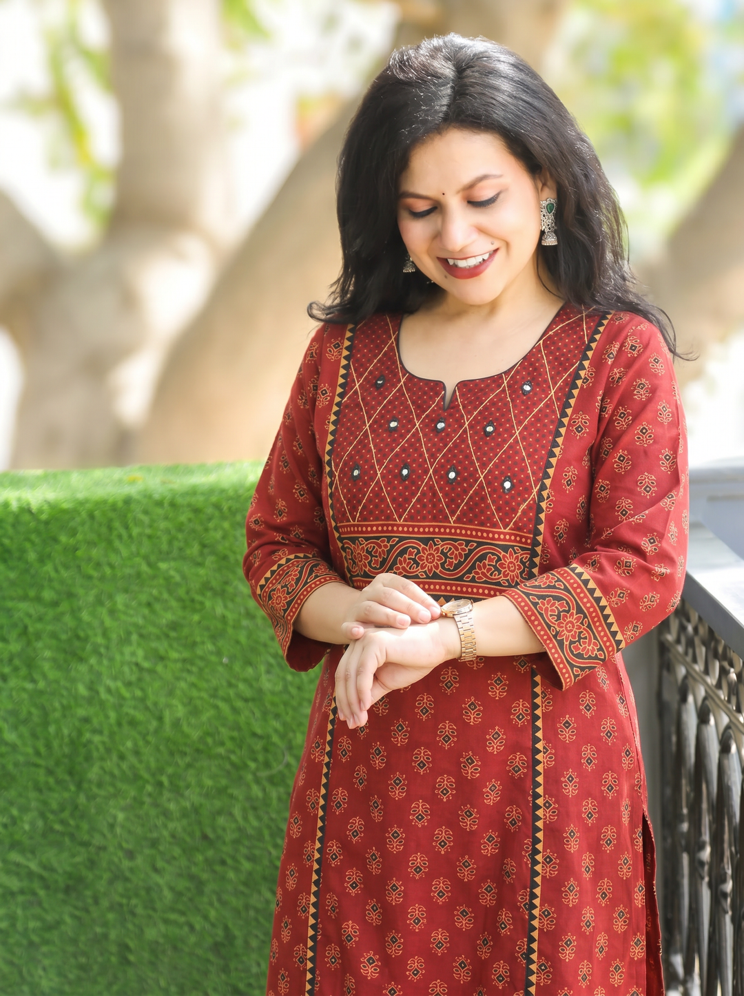 Sofia Maroon Red Panel Ajrak Printed Cotton Kurti