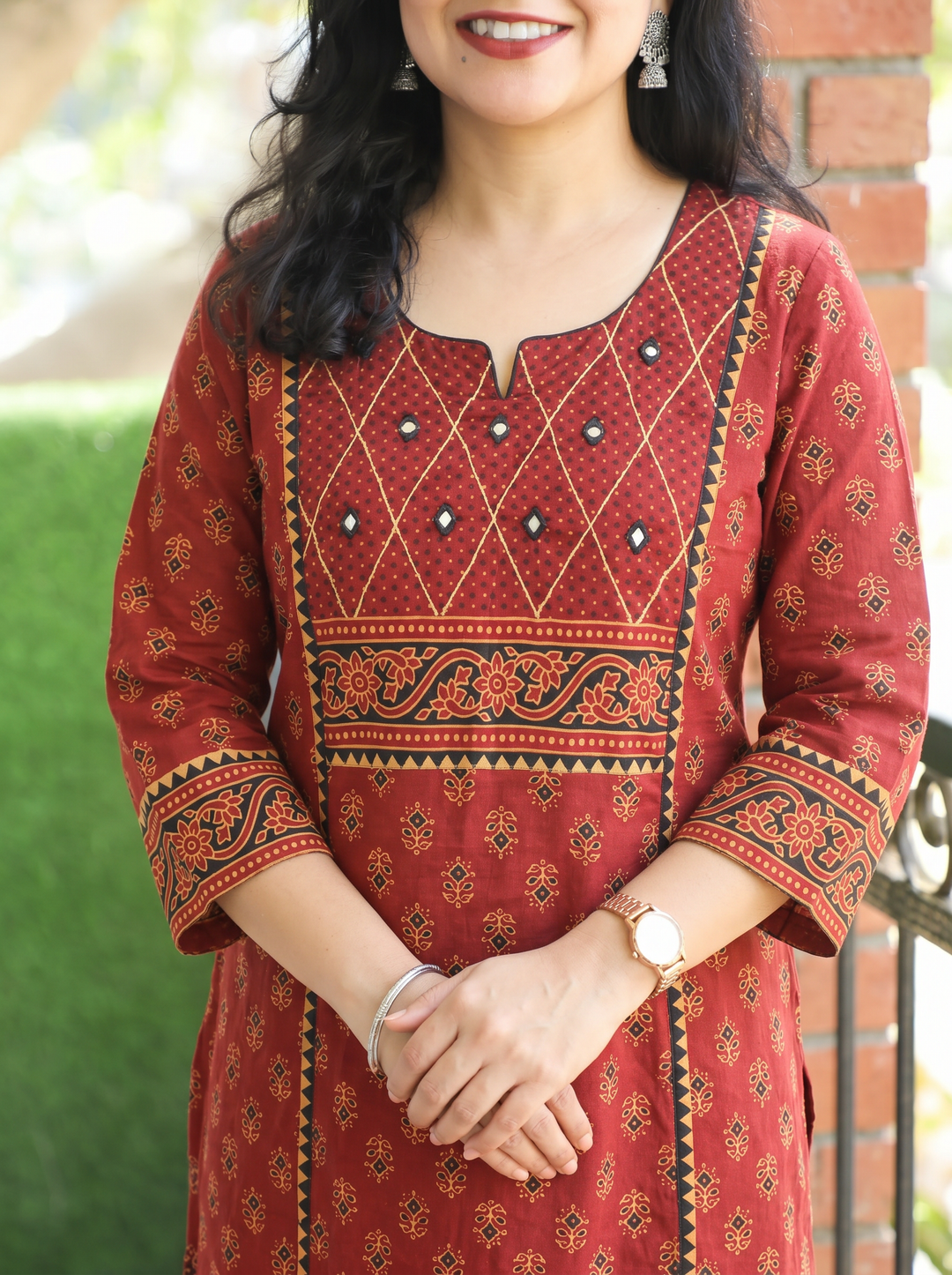 Sofia Maroon Red Panel Ajrak Printed Cotton Kurti