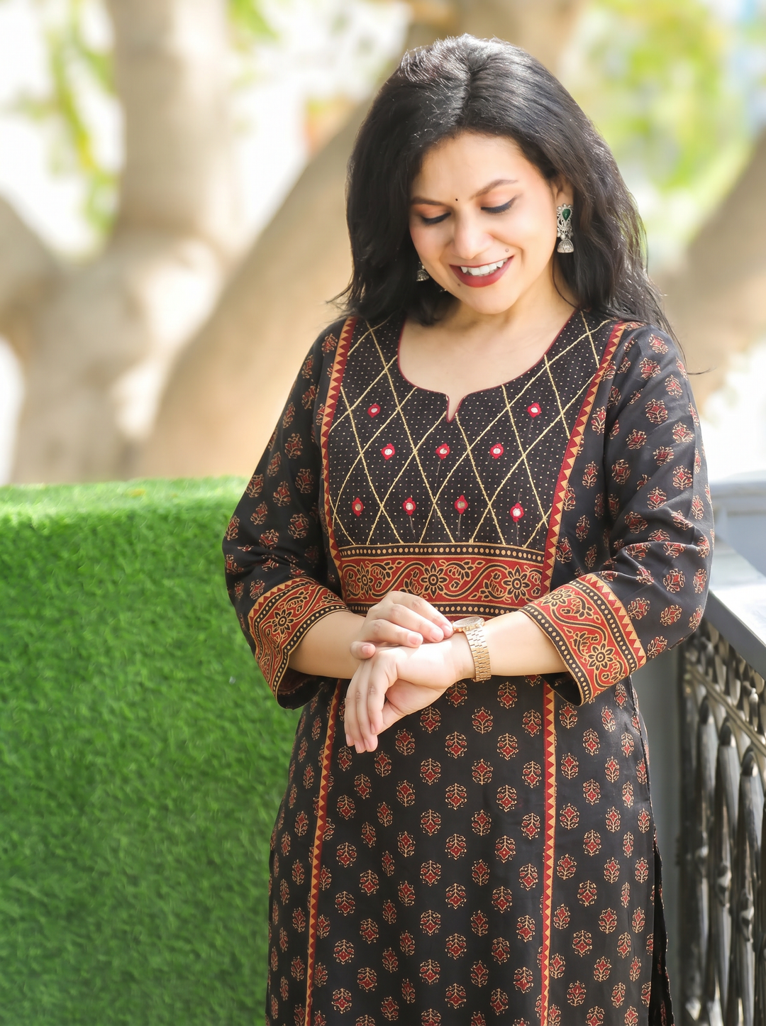 Sofia Black Panel Ajrak Printed Cotton Kurti