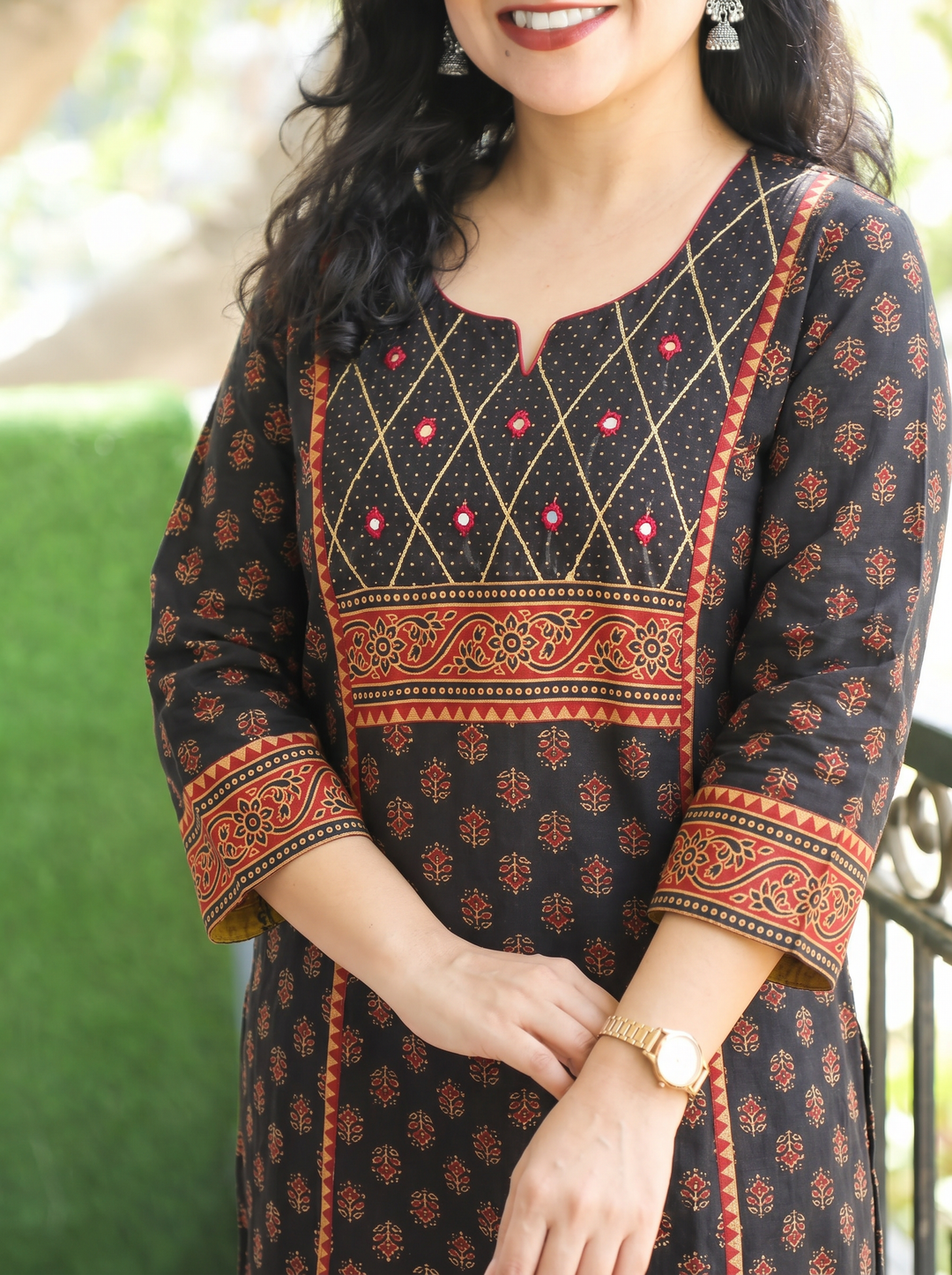 Sofia Black Panel Ajrak Printed Cotton Kurti