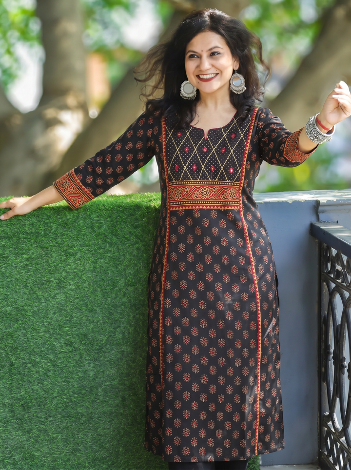 Sofia Black Panel Ajrak Printed Cotton Kurti