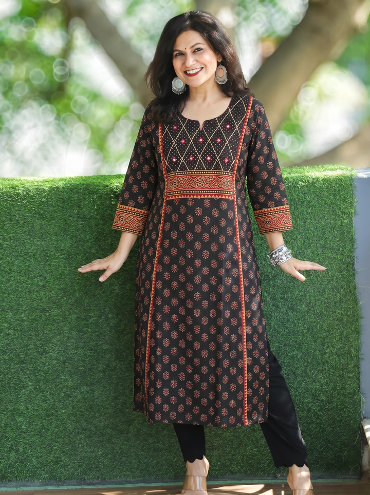 Sofia Black Panel Ajrak Printed Cotton Kurti