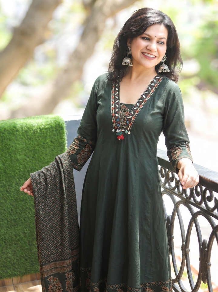 Anupriya Green Mirror Work Cotton 3 Piece Set