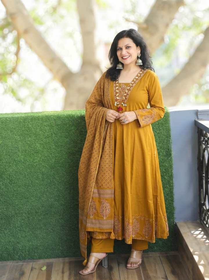 Anupriya Yellow Mirror Work Cotton 3 Piece Set