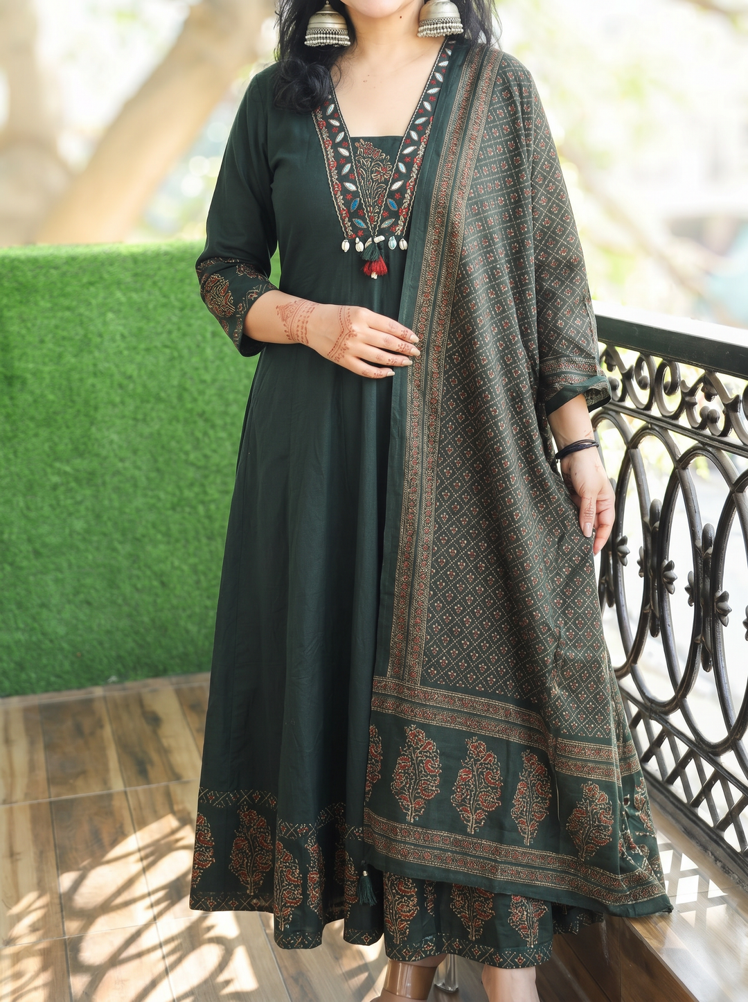 Anupriya Green Mirror Work Cotton 3 Piece Set