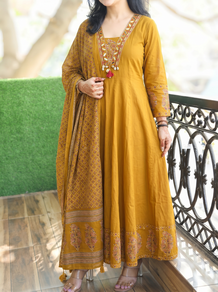 Anupriya Yellow Mirror Work Cotton 3 Piece Set