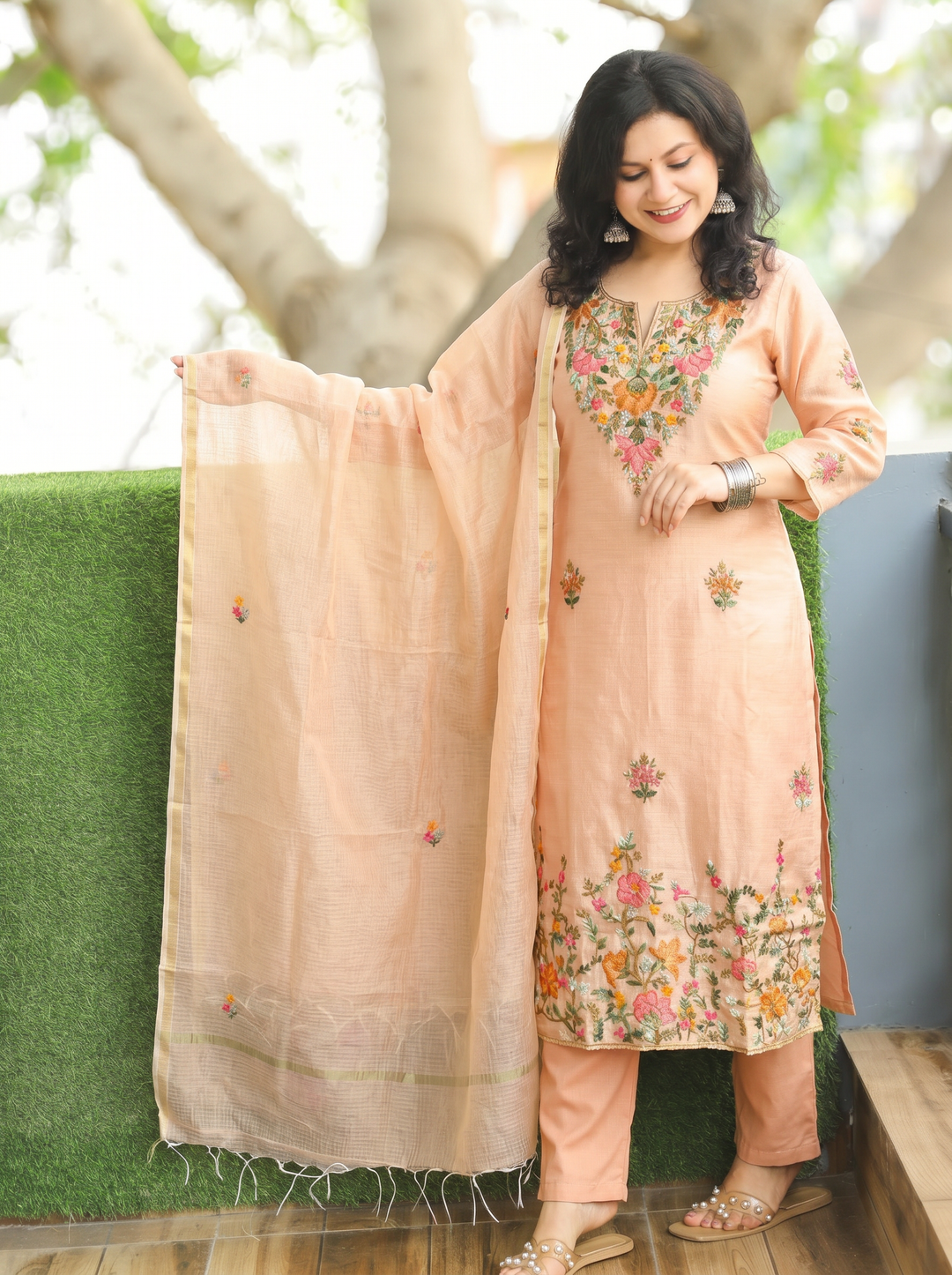 Fanna Peach Embroidered Shimmer Kota Doriya Set