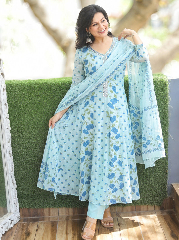 Bella Stone Blue Patra Mul Cotton 3 Piece Set