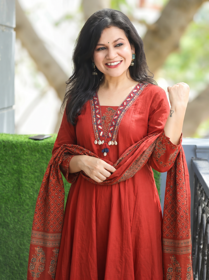 Anupriya Maroon Mirror Work Cotton 3 Piece Set