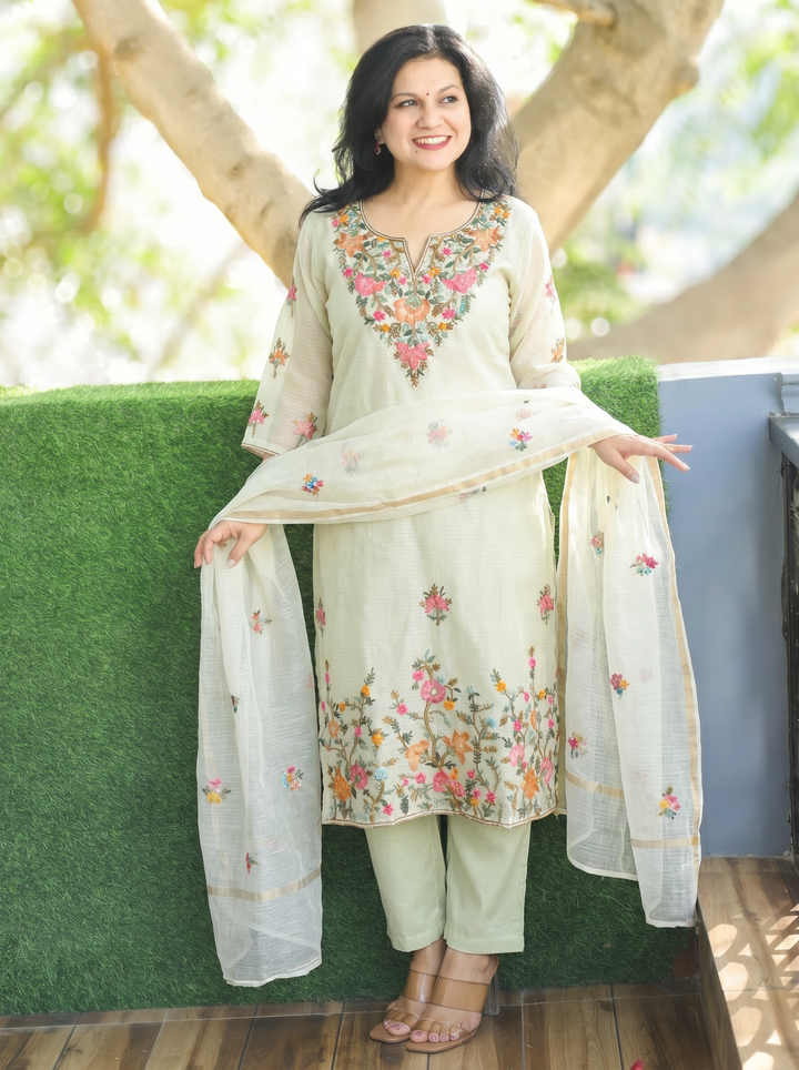 Fanna Off-Beige Embroidered Shimmer Kota Doriya Set