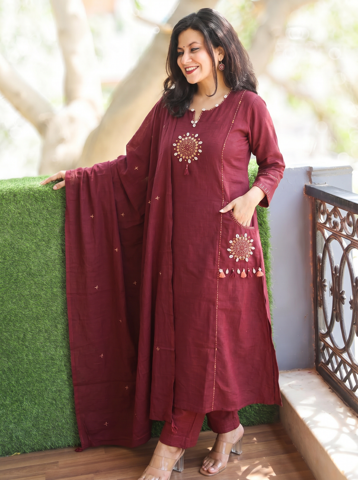 Sundari Burgundy Maroon Kodi Work Cotton 3 Piece Set