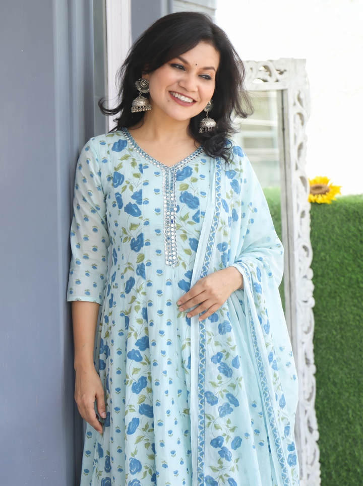 Bella Stone Blue Patra Mul Cotton 3 Piece Set