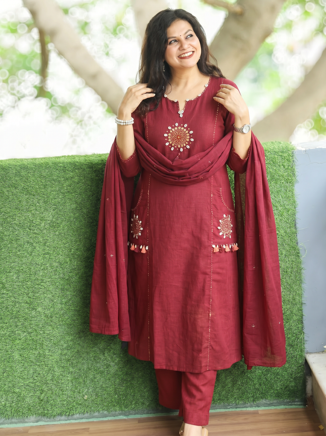 Sundari Burgundy Maroon Kodi Work Cotton 3 Piece Set