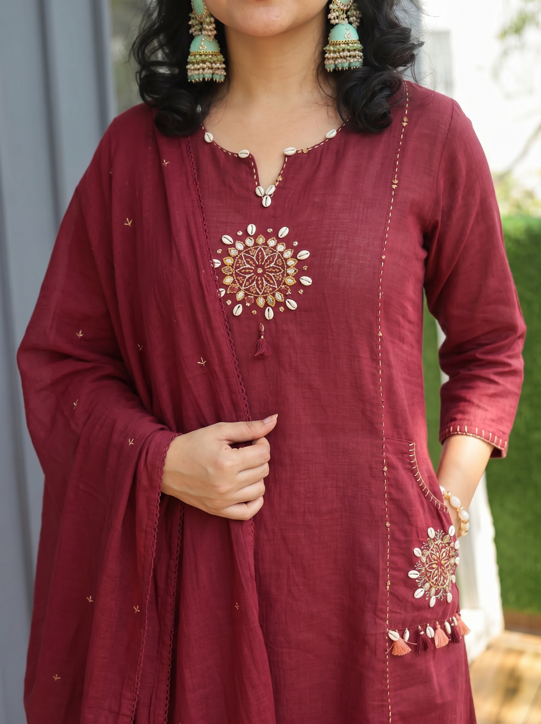 Sundari Burgundy Maroon Kodi Work Cotton 3 Piece Set