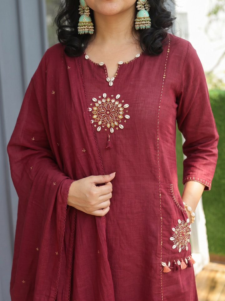Sundari Burgundy Maroon Kodi Work Cotton 3 Piece Set