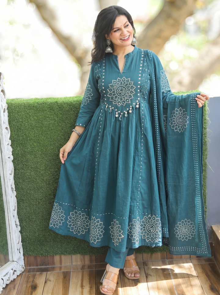 Tanushi Ceru Teal Maroon Bandani Cotton 3 Piece Set