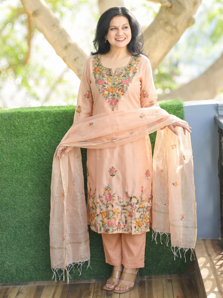 Fanna Peach Embroidered Shimmer Kota Doriya Set