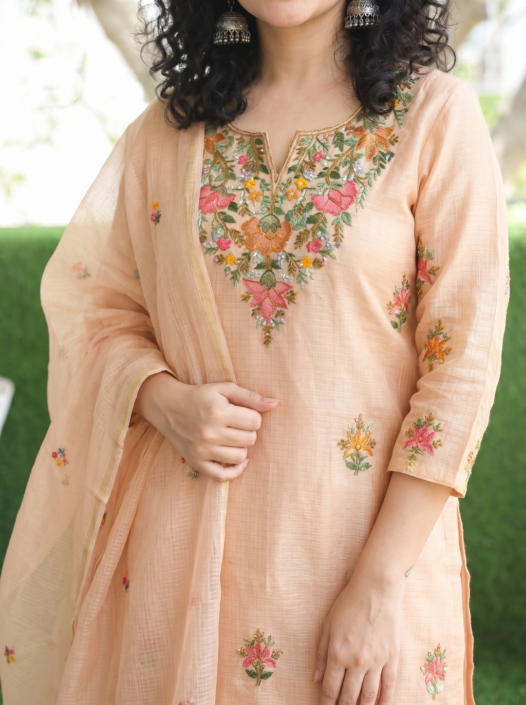 Fanna Peach Embroidered Shimmer Kota Doriya Set