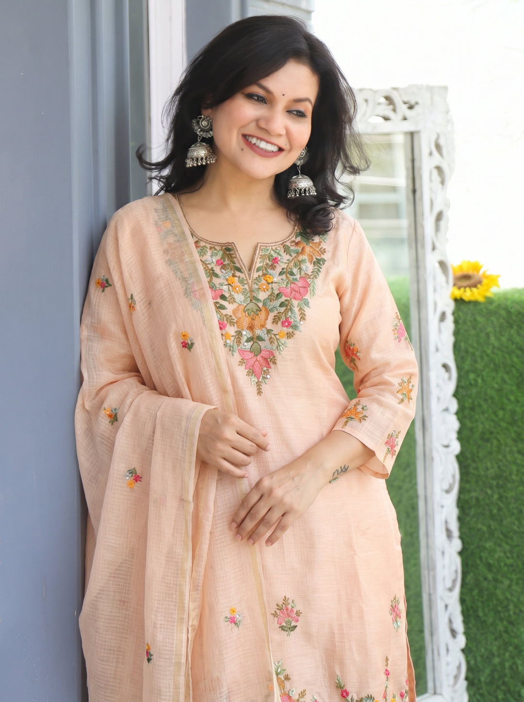 Fanna Peach Embroidered Shimmer Kota Doriya Set