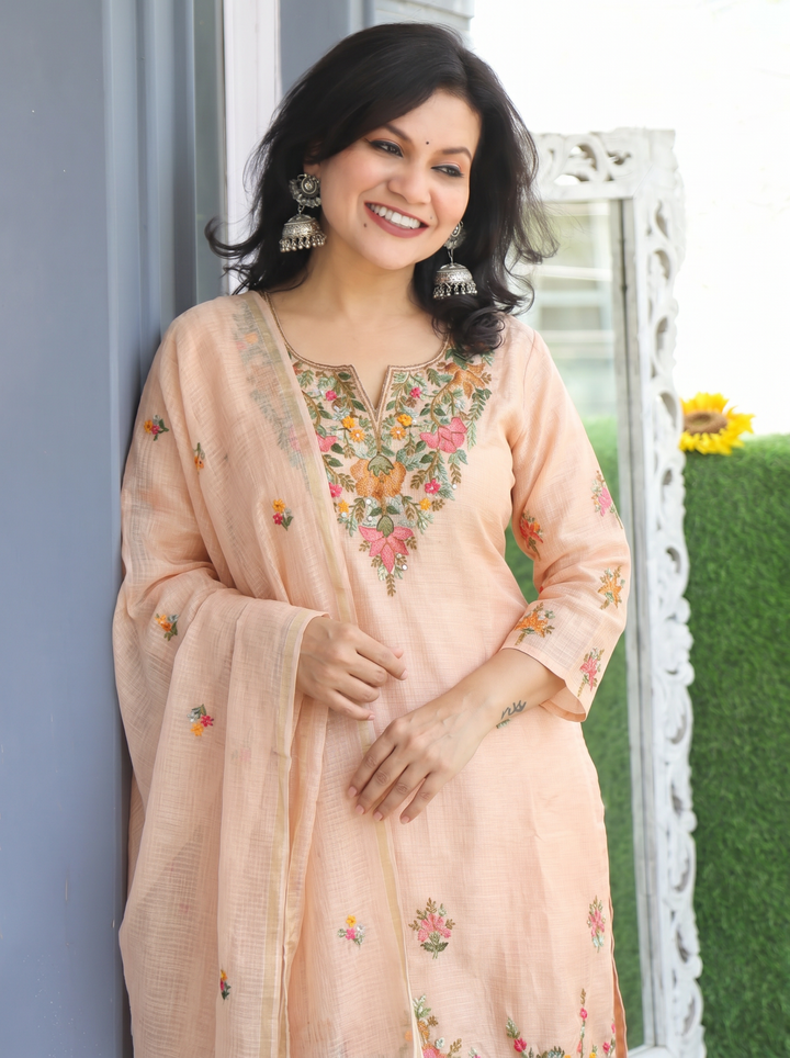 Fanna Peach Embroidered Shimmer Kota Doriya Set