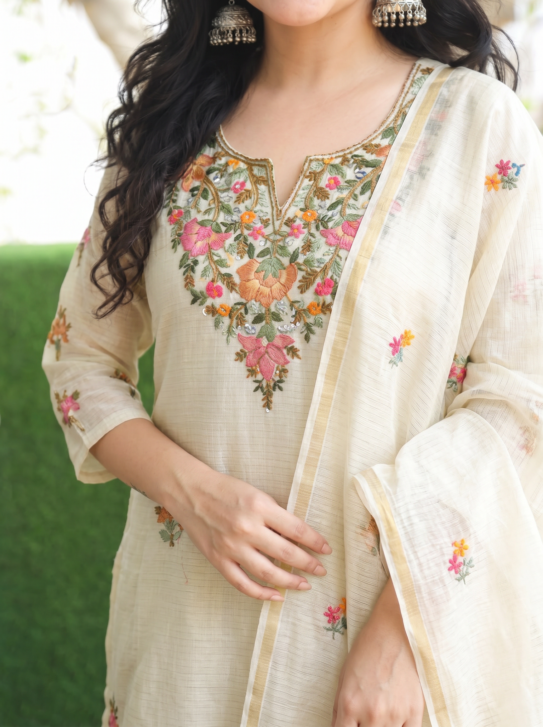 Fanna Off-Beige Embroidered Shimmer Kota Doriya Set