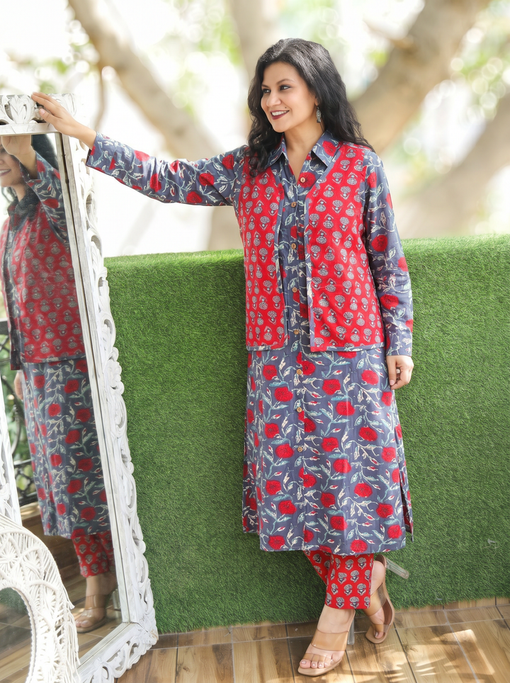 Nysa Blue Green Block Print Cotton Jacket Set