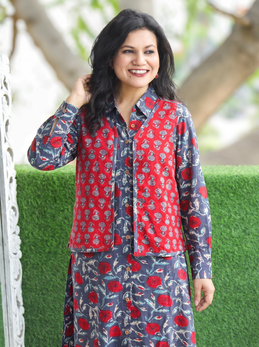 Nysa Blue Green Block Print Cotton Jacket Set