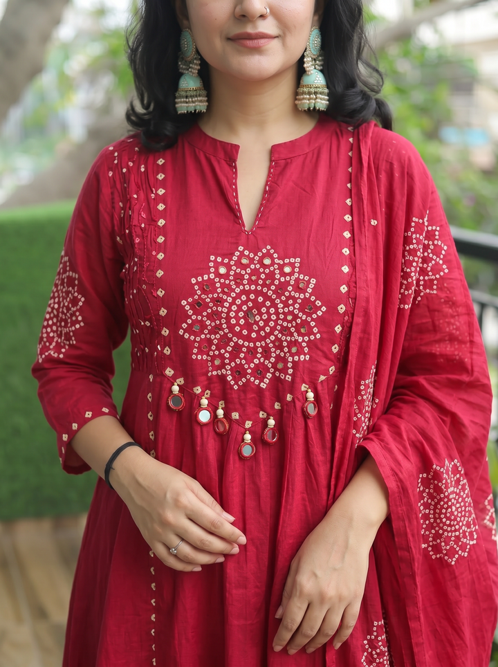 Tanushi Berry Rani Red Maroon Bandani Cotton 3 Piece Set