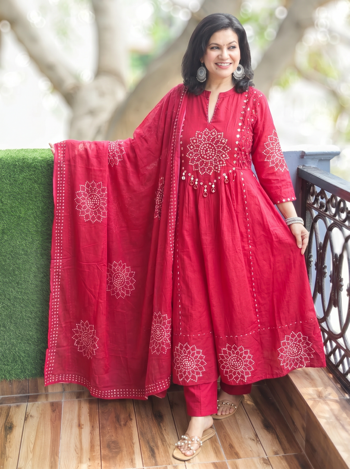 Tanushi Berry Rani Red Maroon Bandani Cotton 3 Piece Set